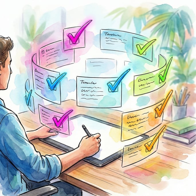 A person at a desk surrounded by floating task cards and glowing checkmarks (vadesqgq)