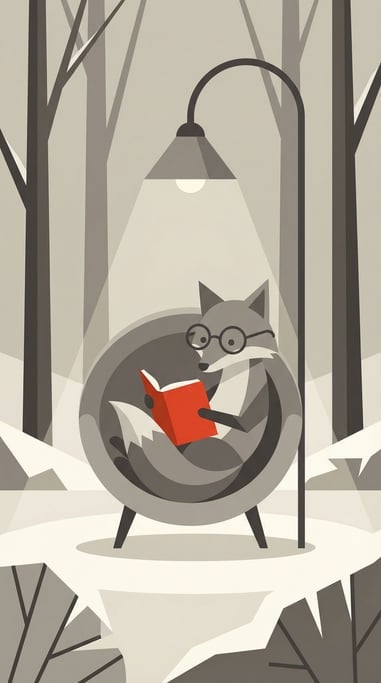 A fox wearing spectacles reading a book by the light of a streetlamp in a quiet snowy forest clearin (dqec4mo)