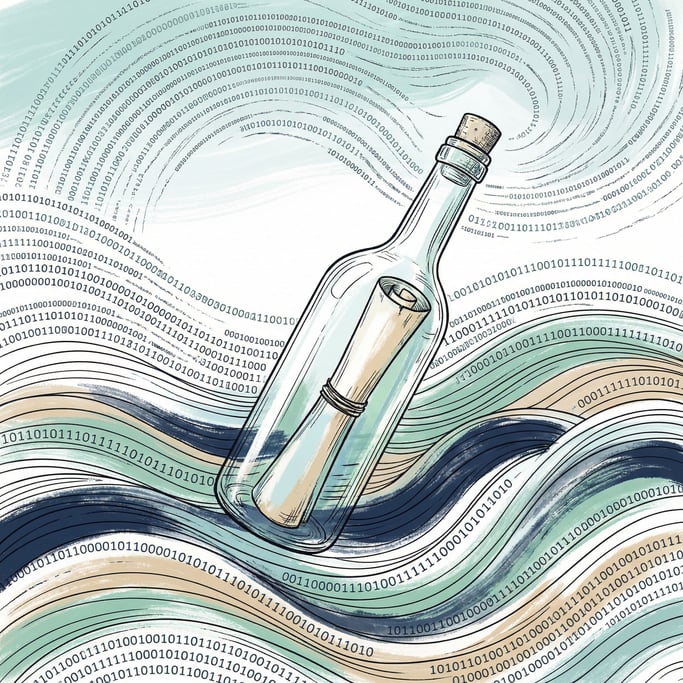 A message in a glass bottle floating through a sea made of flowing data waves and binary streams (t4tz6sj1)