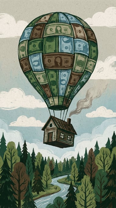 A hot air balloon crafted from woven currency patterns lifting a small cozy house into the sky