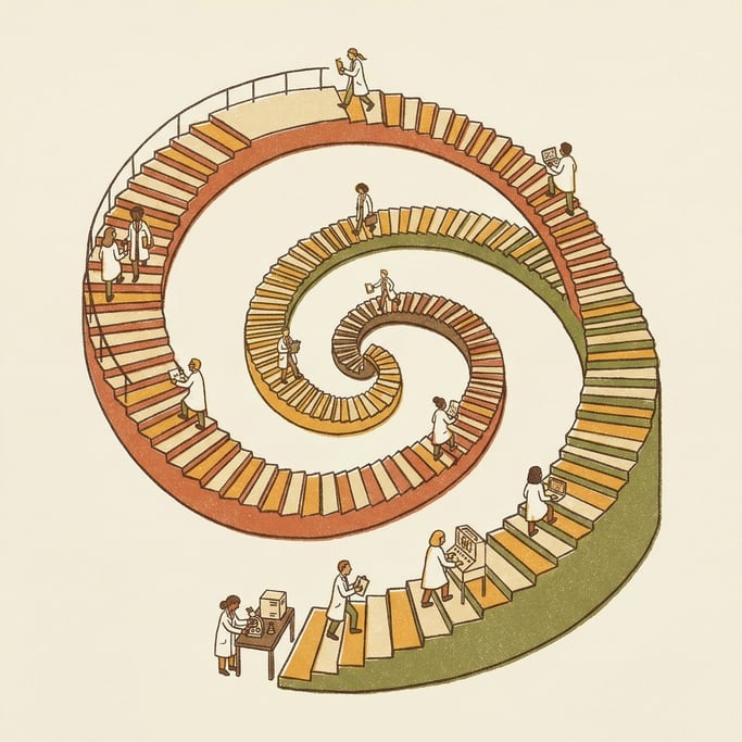 A DNA double helix rendered as a grand spiral staircase with tiny researchers walking along the step