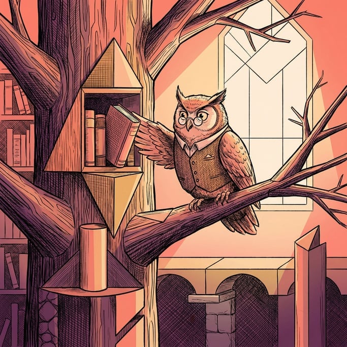 An owl perched in a library, organizing books on shelves that are built into the branches of a tree (ipx9qh2v)