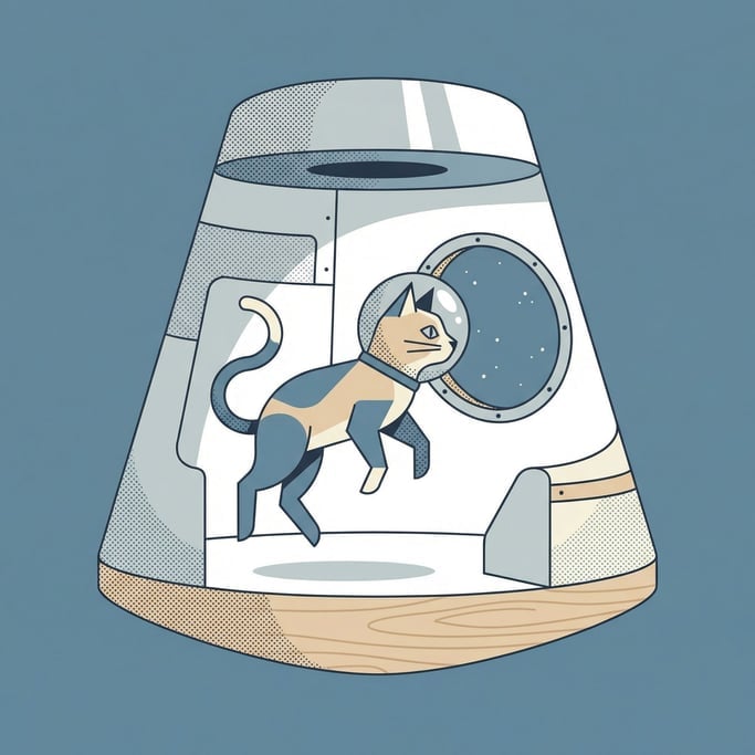 A cat in a tiny space helmet floating contentedly inside a miniature space capsule (lhlmqac)