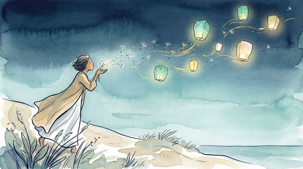 A person blowing dandelion seeds that transform into tiny glowing lanterns drifting across a twiligh (0hzfypcu)