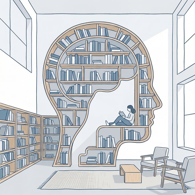 A library interior where the bookshelves curve and form the silhouette of a human head in profile (e5a84uq3)