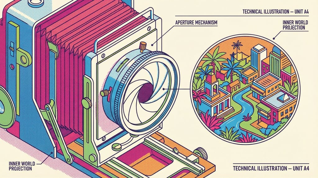 A camera with its aperture iris opening to reveal an entire world visible through the lens