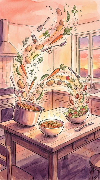 A kitchen scene where vegetables and ingredients are leaping and assembling themselves into a finish (gazmbq45)