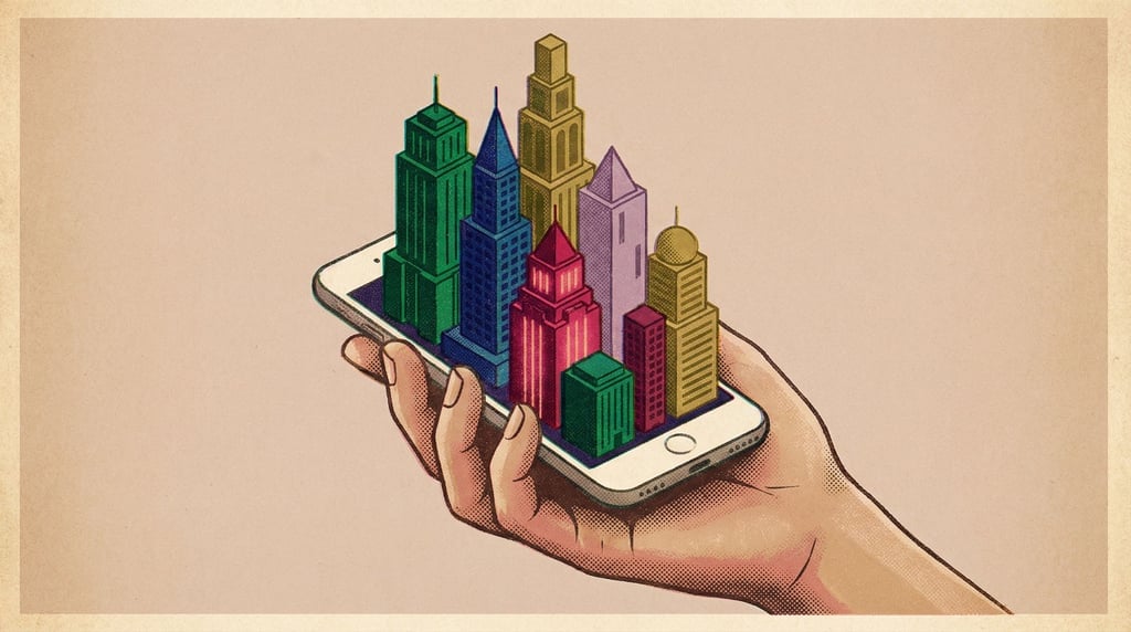 A hand holding a smartphone with a tiny detailed city growing upward out of the screen (mdua9fpr)