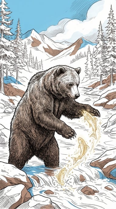 A bear standing in a mountain stream catching fish that are made of shimmering golden light instead (cdczgcsp)