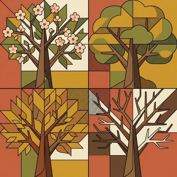 A single tree shown in four quadrants: spring blossoms, summer canopy, autumn gold (wewaznsz)