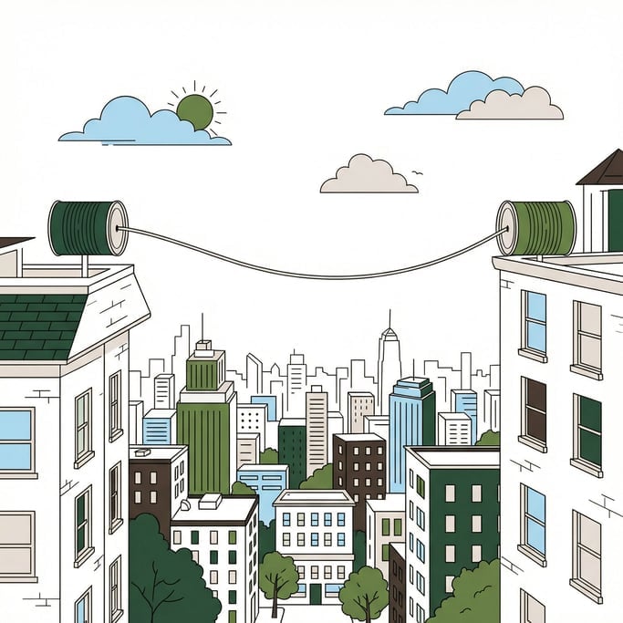 Two tin cans connected by a long string that stretches across an entire city skyline between two roo (hgndnz19)