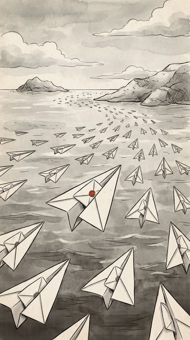 Paper airplanes carrying sealed letters flying across a wide ocean between two distant islands (pqbcg1xs)