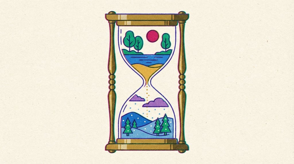An hourglass where the upper chamber is a summer scene draining sand into a winter landscape below