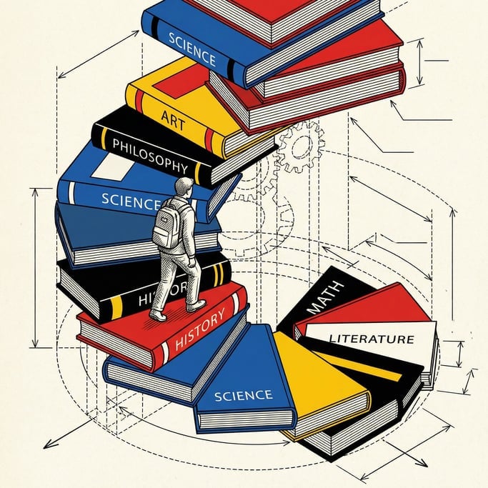 A person climbing a staircase made entirely of stacked books