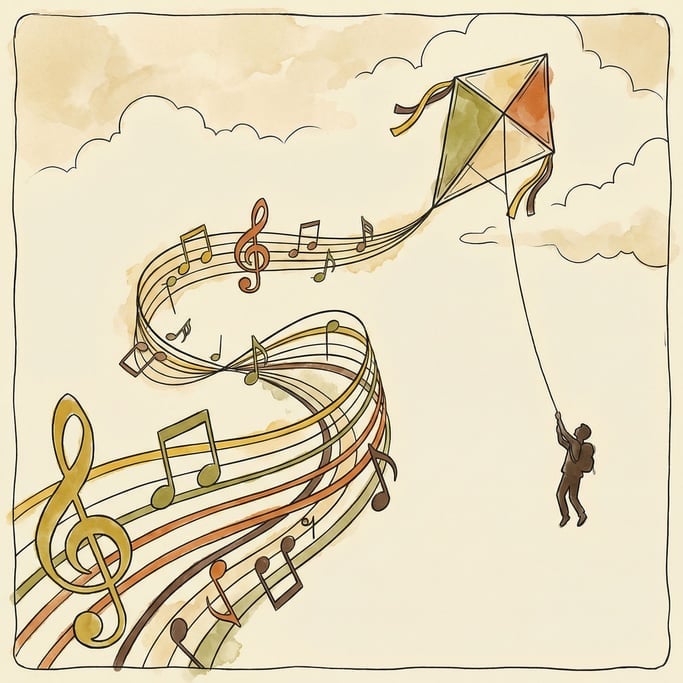 A kite soaring high pulling a small person upward