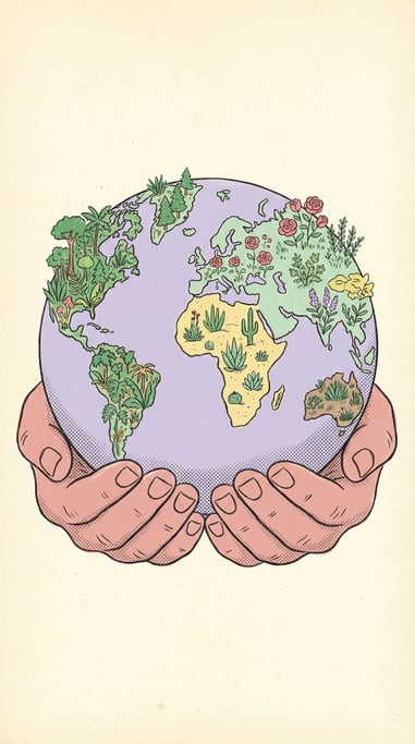 A globe held gently in cupped hands, each continent rendered as a different garden landscape (2eguht)