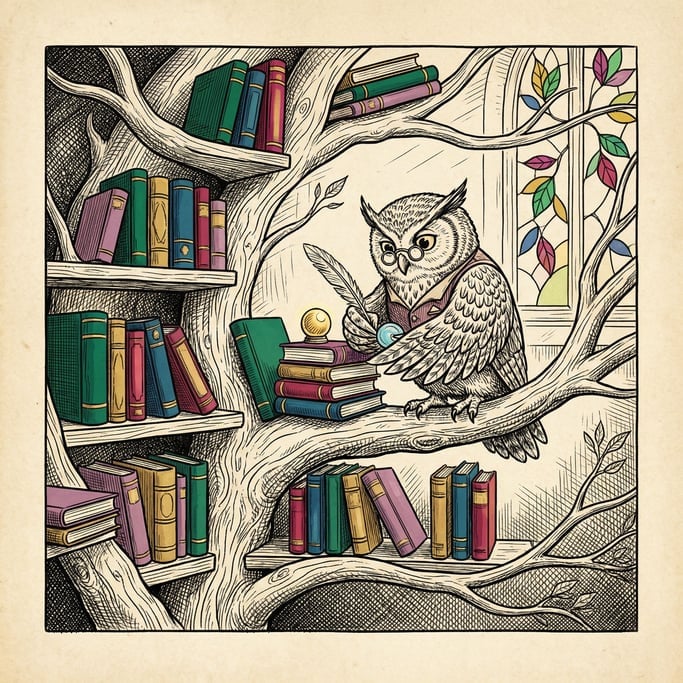 An owl perched in a library, organizing books on shelves that are built into the branches of a tree (hh8vnjnw)