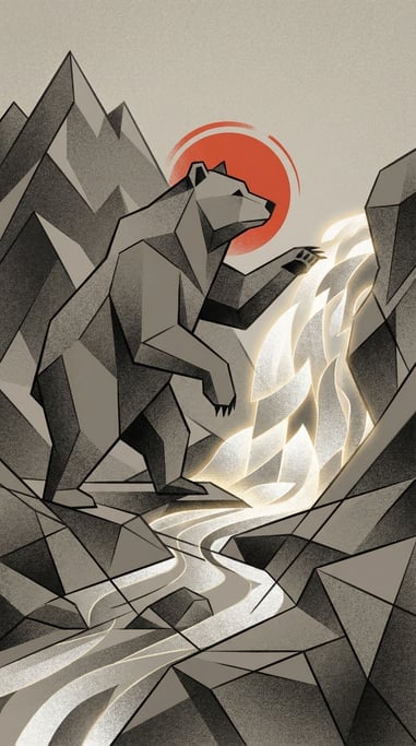 A bear standing in a mountain stream catching fish that are made of shimmering golden light instead (drey8go3)