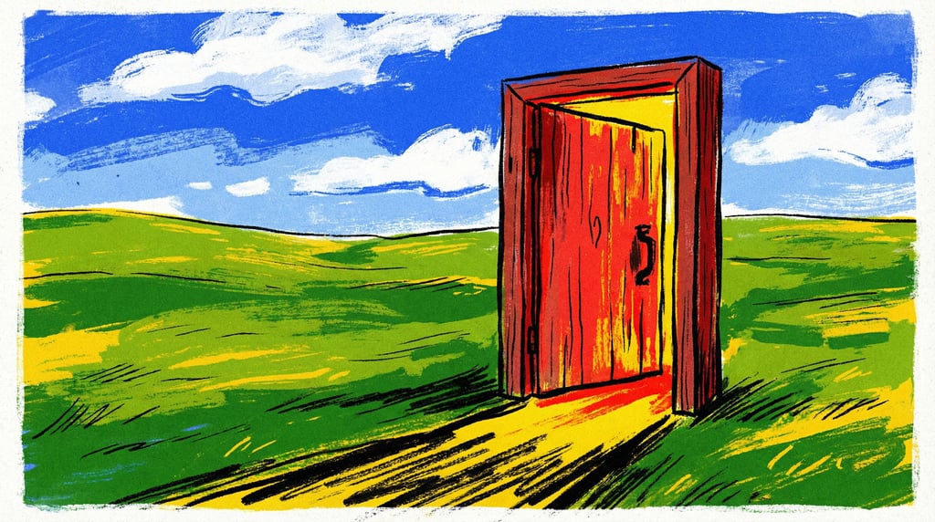 A door standing alone in the middle of an open grass field, slightly ajar (u3ra9ow)