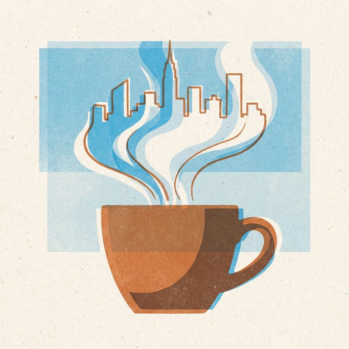 A steaming coffee cup where the rising steam forms the delicate silhouette of a city skyline (th1tld2e)