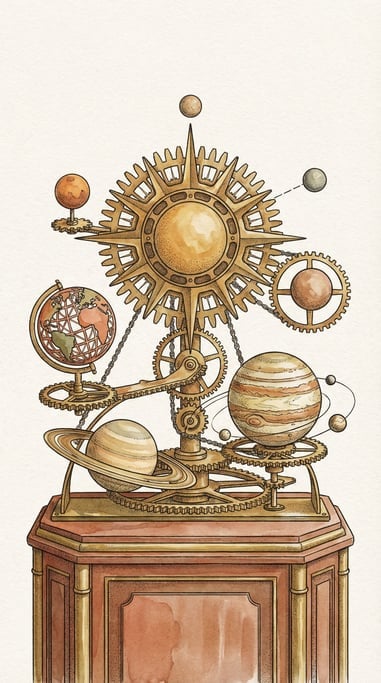 The solar system reimagined as an ornate clockwork mechanism, brass gears driving planetary orbits