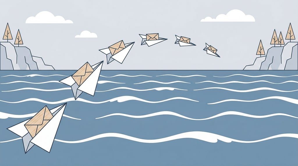 Paper airplanes carrying sealed letters flying across a wide ocean between two distant islands (wanqz6tx)