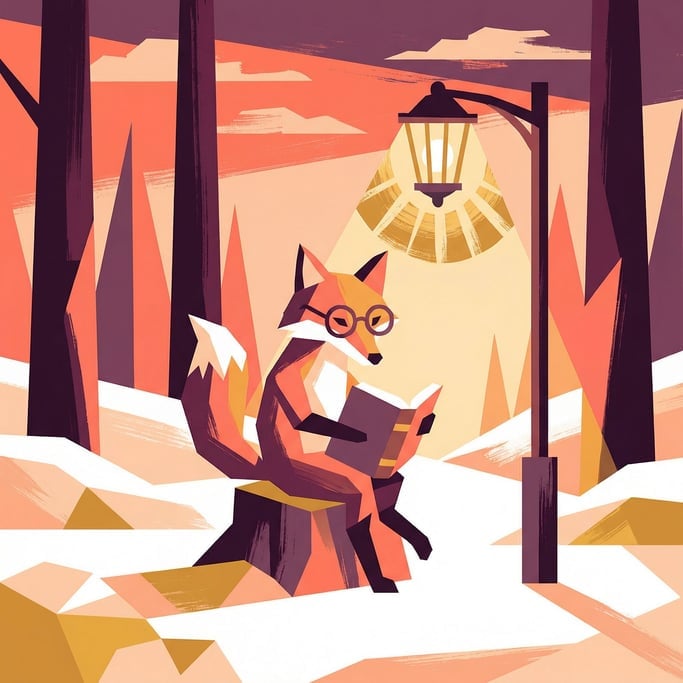 A fox wearing spectacles reading a book by the light of a streetlamp in a quiet snowy forest clearin (hlfjhau2)