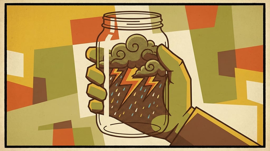 A glass jar filled with a miniature thunderstorm, tiny lightning and rain clouds contained inside