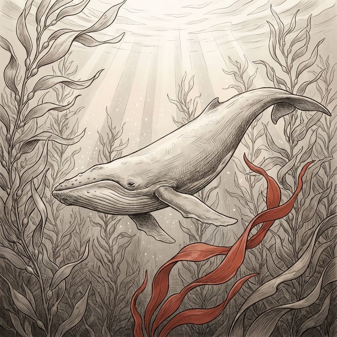 A whale swimming gracefully through a dense kelp forest, shafts of light from above (nrntmolw)