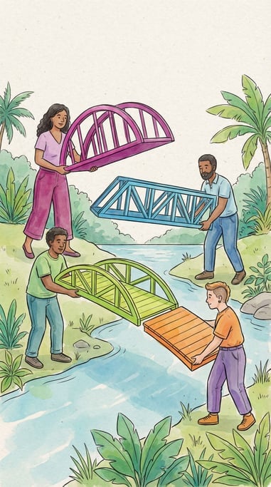 A diverse team building a bridge together (nz0rgu14)