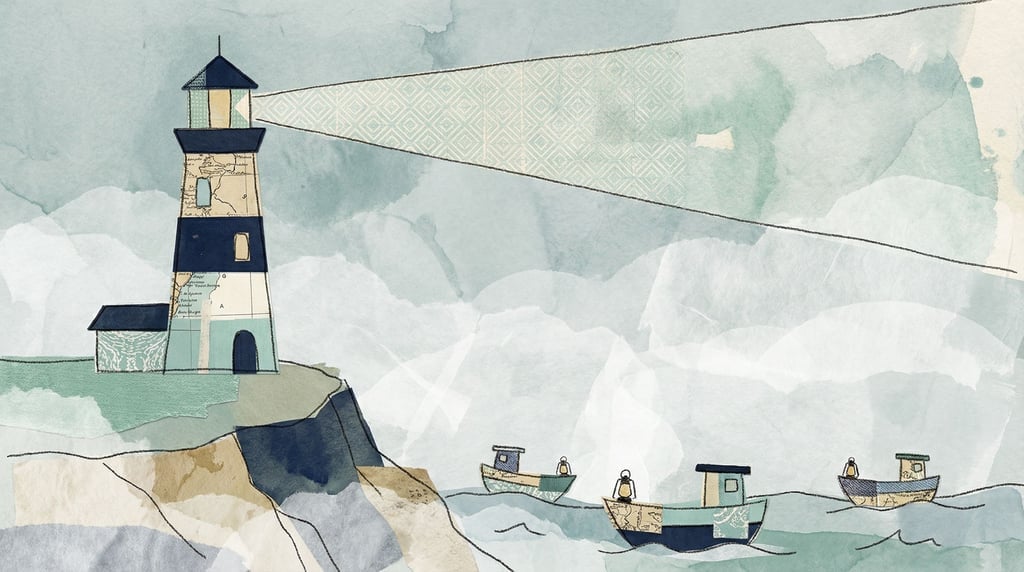 A lighthouse beaming a wide cone of light through dense fog, small boats navigating toward it safely (t1v9foo)