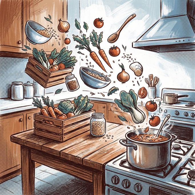 A kitchen scene where vegetables and ingredients are leaping and assembling themselves into a finish