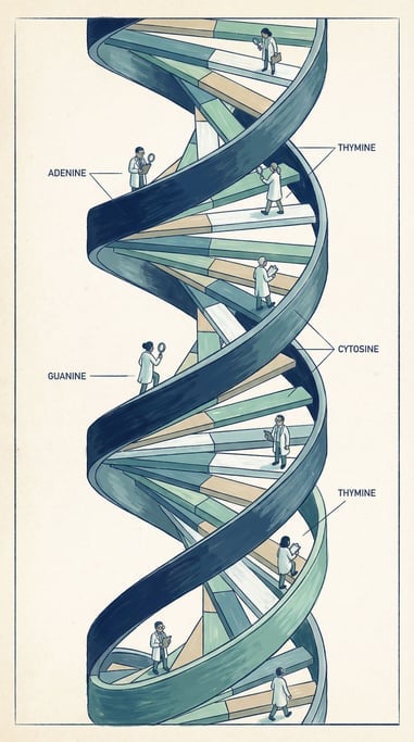 A DNA double helix rendered as a grand spiral staircase with tiny researchers walking along the step (zqaypvux)