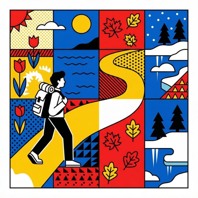 A person walking along a path where the landscape seamlessly transitions through all four seasons ar (lulblswo)