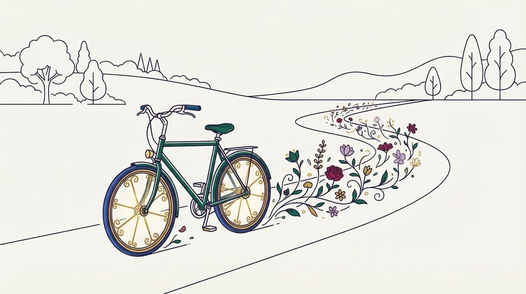 A bicycle with wheels that leave a trail of sprouting wildflowers wherever they roll on the path (64yposr)