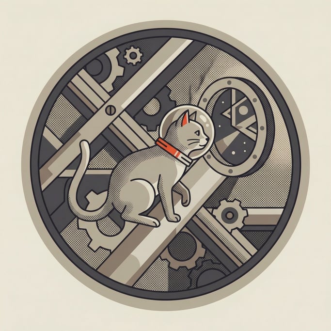 A cat in a tiny space helmet floating contentedly inside a miniature space capsule (sh622w75)