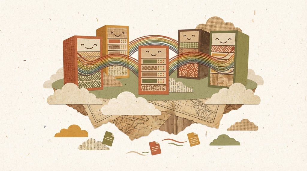 Cloud computing visualized as a floating island of friendly servers connected by rainbow data bridge (pznzvzdn)
