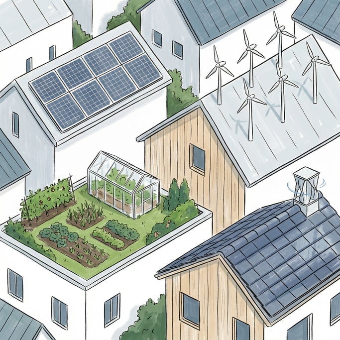 A neighborhood seen from above where every rooftop hosts a different renewable energy installation (csniwire)