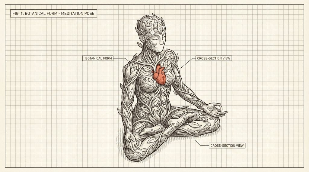 A person in a meditation pose, their body composed of intertwined botanical elements: vines (je3bwotg)