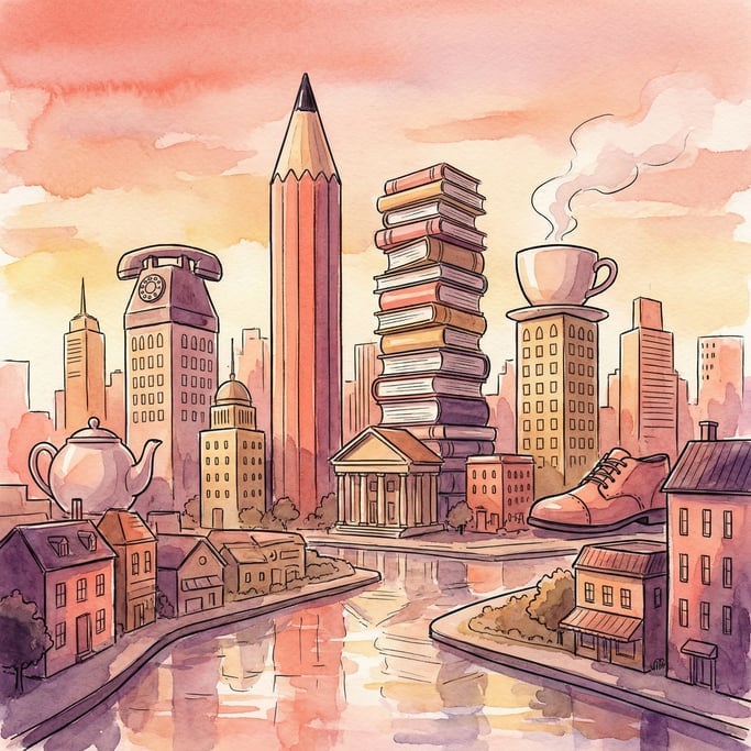 A city skyline where each building is shaped like a different everyday object: pencil, book, phone