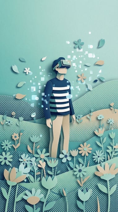 A person wearing VR goggles standing in a wildflower meadow (xwlq3zej)