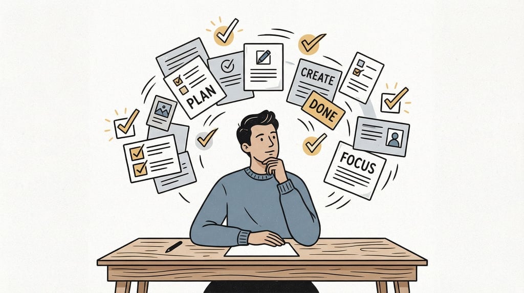 A person at a desk surrounded by floating task cards and glowing checkmarks (d0do2)