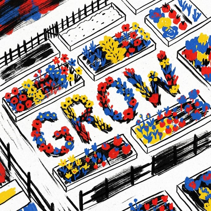 A community garden plot where the colorful plants and flowers spell out a word when viewed from abov (0cfekidu)