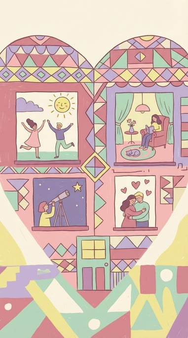A heart-shaped house with windows showing different emotions in each room: joy, calm, curiosity