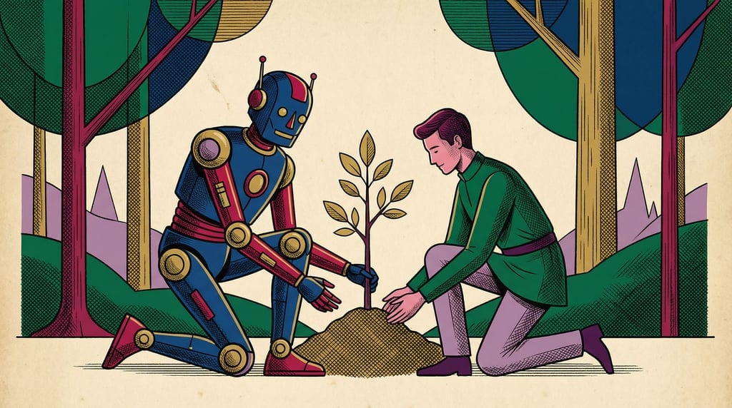 A robot and a human kneeling together planting a small tree, technology and nature cooperating (len5ckwe)