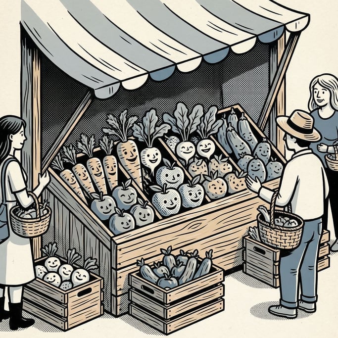 A bustling farmers market stall overflowing with colorful produce (axtendmv)