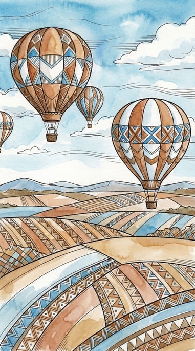 Hot air balloons drifting over a patchwork countryside, each balloon painted with a unique pattern (09)