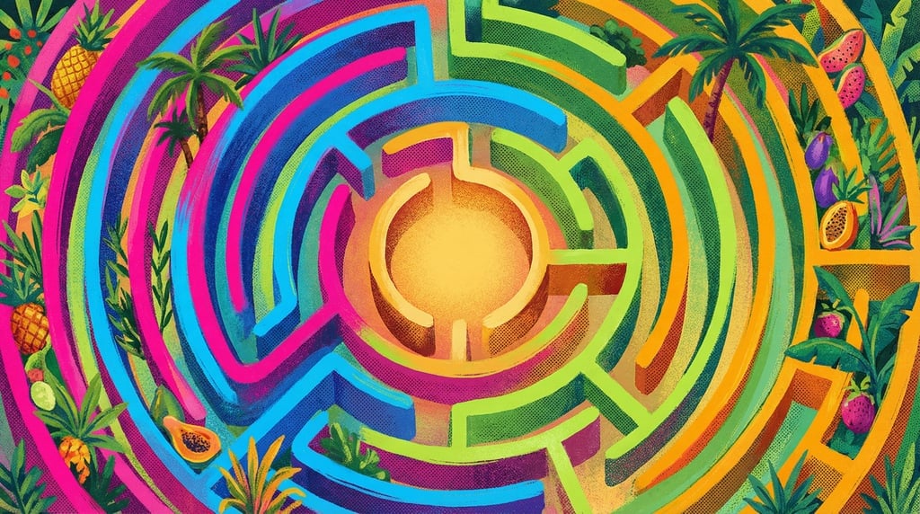 A maze viewed from above with multiple winding paths, all leading to a glowing warm center goal (ol9lmiay)