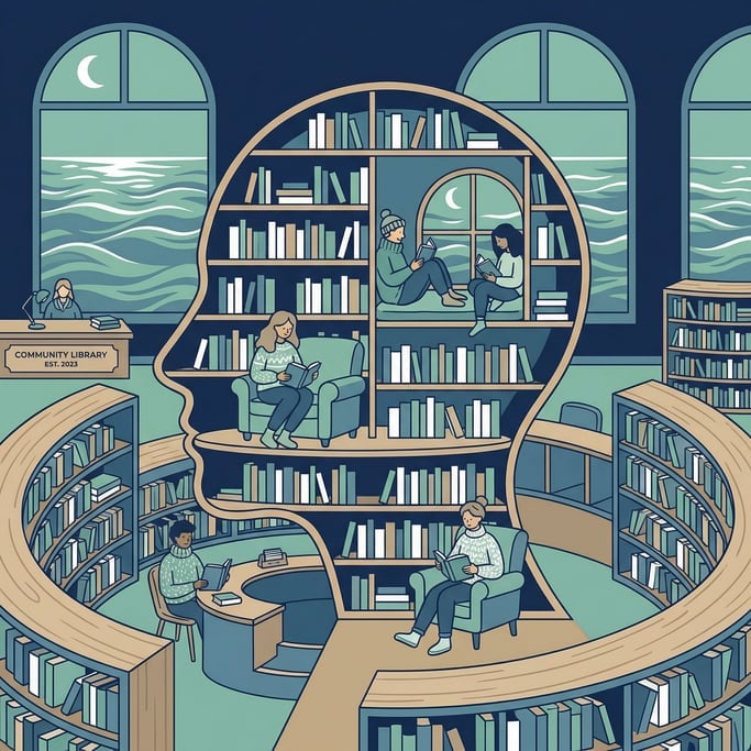 A library interior where the bookshelves curve and form the silhouette of a human head in profile (mynmtxpa)