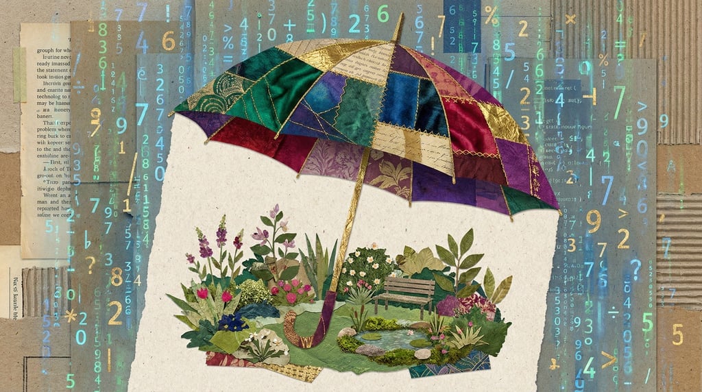 A large umbrella sheltering a small perfect garden beneath it from a rain of falling numbers and dat (jck1ot2)